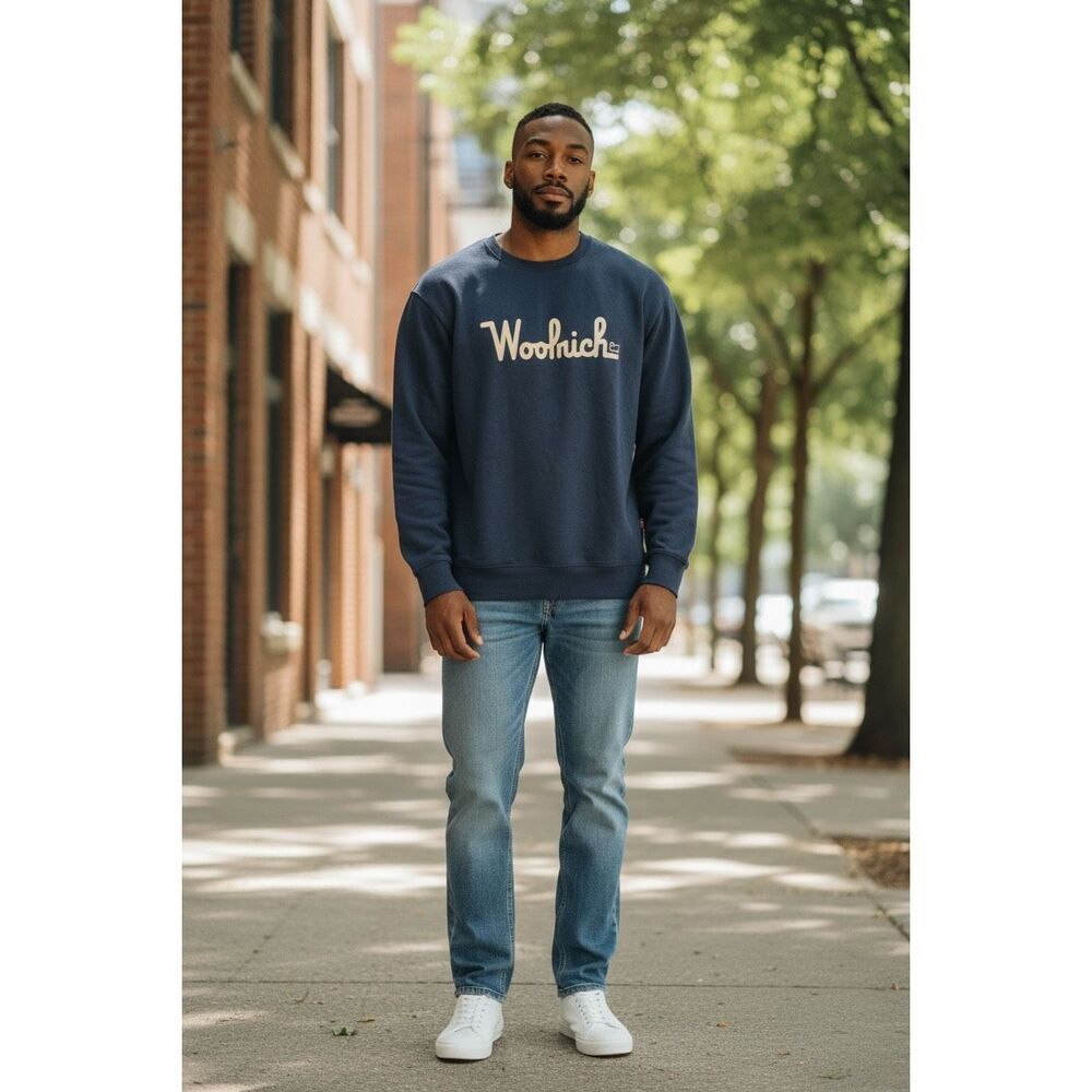 Woolrich Mens XXL Logo Crewneck Sweatshirt Blue Fleece Pullover Classic Outdoor